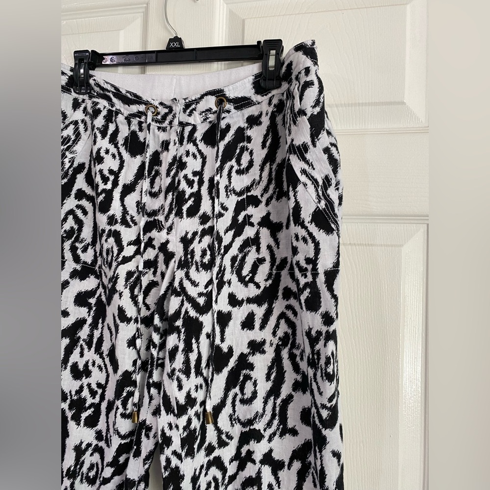 Madison 100% Linen Pants Size 12 Black and White Elastic Waist Drawstring Beach - Picture 3 of 13
